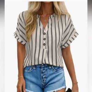 NWT Dressy Casual Striped Button-Down V Neck Shirt